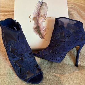 Navy Blue Suede Floral Mesh Peep-Toe Booties